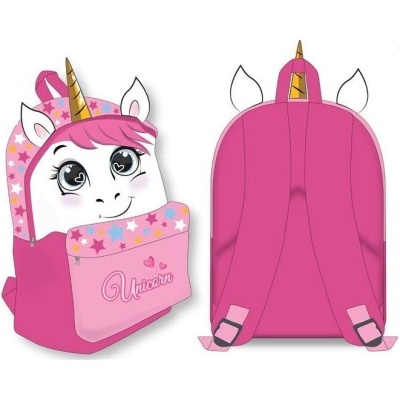 Mochila infantil cor-de-rosa com tema de unicórnio e bolso frontal rosa com texto 'Unicorn'