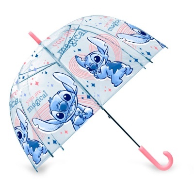 Guarda-chuva infantil transparente com imagens do Stitch e pega rosa