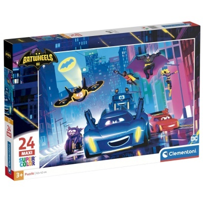 Embalagem de puzzle 24 peças Batwheels DC da Clementoni com veículos animados estilo Batman