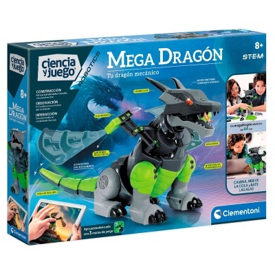 Caixa de brinquedo Mega Dragón com dragão mecânico cinzento e verde limão
