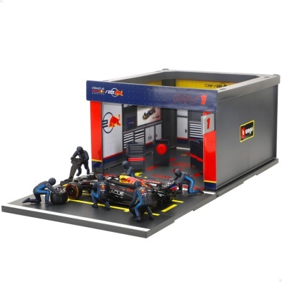 Miniatura de cenário de box de corrida com carro e mecânicos