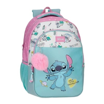 Mochila infantil azul e rosa com personagem Stitch e aplique de pelúcia rosa.