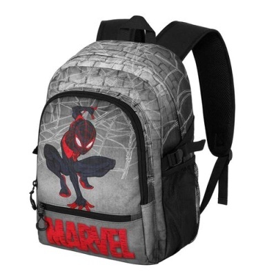 Mochila cinzenta com Spider-Man e texto MARVEL em vermelho
