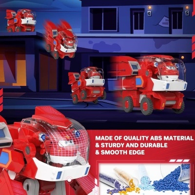 Robô brinquedo vermelho e branco em cenário urbano noturno com texto em inglês sobre material do brinquedo