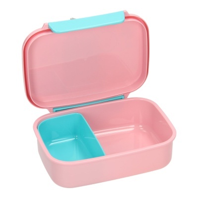 Lancharteira rosa com compartimento interior azul turquesa aberta