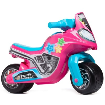 Motociclo de brinquedo rosa e azul com flores coloridas