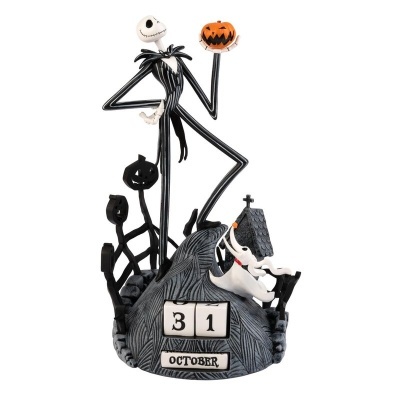 Figura decorativa preta e branca de Jack Skellington com calendário perpétuo mostrando 31 OCTOBER