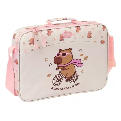 Mala infantil rosa e creme com ursinho a andar de bicicleta e texto inspirador