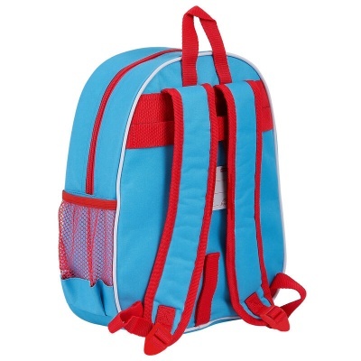 Mochila azul com alças e bolso lateral vermelhos vista de trás