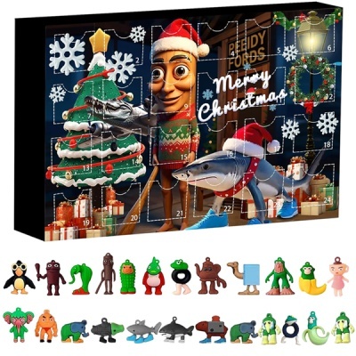 Calendário do advento com personagens festivos e árvore de Natal