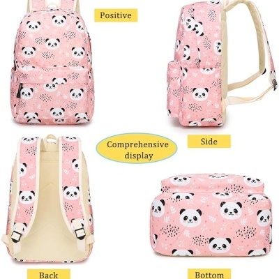 Mochila rosa com pandas, vista de múltiplos ângulos