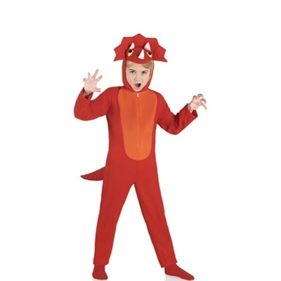 Criança com fato de dinossauro vermelho e detalhes laranja.