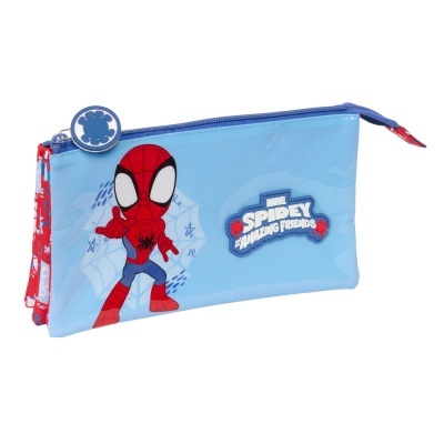 Estojo azul claro com ilustração do Spiderman e texto Marvel Spidey Amazing Friends
