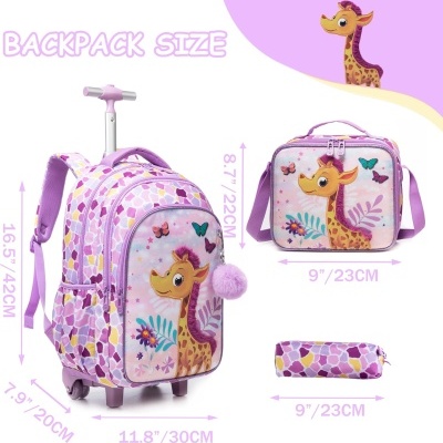 Conjunto de mochila girafa lilás com lancheira e estojo, medidas indicadas.