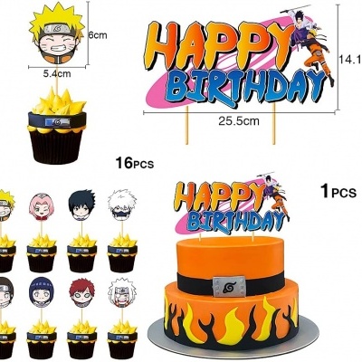 Conjunto de decoração para bolo com toppers de personagens de Naruto e texto HAPPY BIRTHDAY