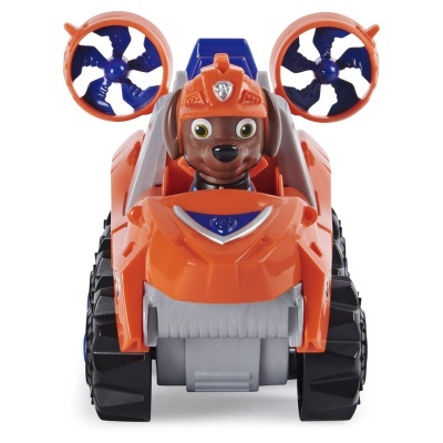 Brinquedo de carrinho blindado laranja com personagem canino com capacete