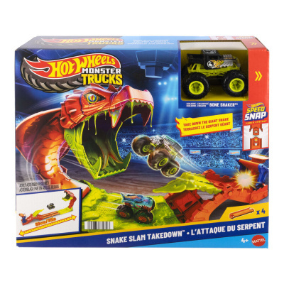 Caixa do conjunto Hot Wheels Monster Trucks com camião amarelo e preto BONE SHAKER™ e pista temática de cobra gigante.