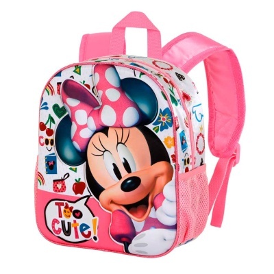 Mochila infantil rosa com estampa da Minnie e texto 'Too Cute!'