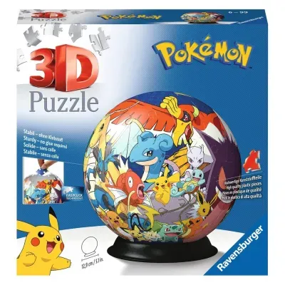 Caixa de quebra-cabeça 3D Pokémon com imagem colorida e suporte preto.