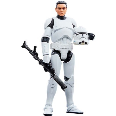 Figura de ação Stormtrooper com capacete e arma em fundo branco