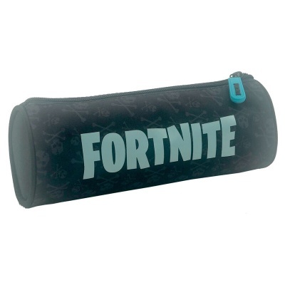 Estojo cilíndrico preto com padrão de caveiras e ossos e texto FORTNITE