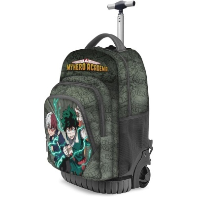 Mochila de rodinhas verde escura com personagens de My Hero Academia na frente