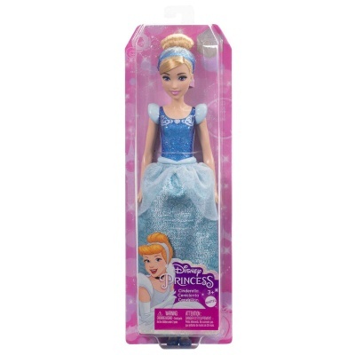 Boneca da Cinderella Disney com vestido azul dentro de embalagem rosa transparente