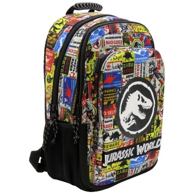 Mochila colorida com padrão de etiquetas e logótipo Jurassic World