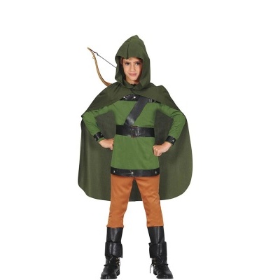 Fato infantil verde com capa e arco em fundo branco