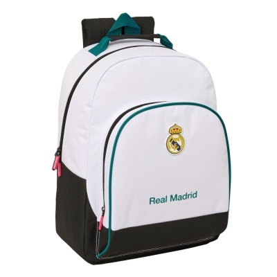 Mochila branca e preta com logótipo do Real Madrid e texto Real Madrid.