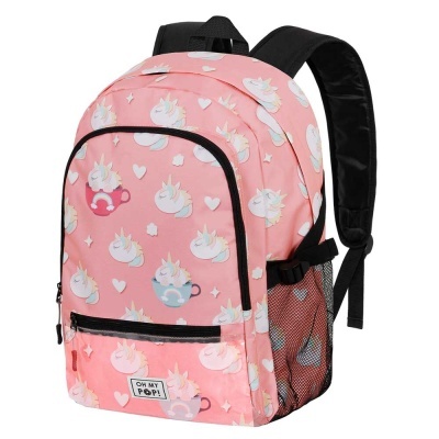 Mochila cor-de-rosa com estampa de unicórnios e corações, bolso frontal, alças pretas acolchoadas.