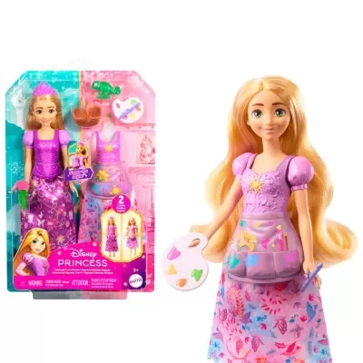 Boneca Disney Princess Rapunzel com vestido colorido e acessórios em embalagem