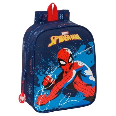 Mochila infantil azul com estampa do Homem-Aranha e texto MARVEL SPIDERMAN