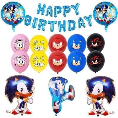 Conjunto de balões festa Sonic com letras HAPPY BIRTHDAY e balões coloridos com rostos e figuras do Sonic
