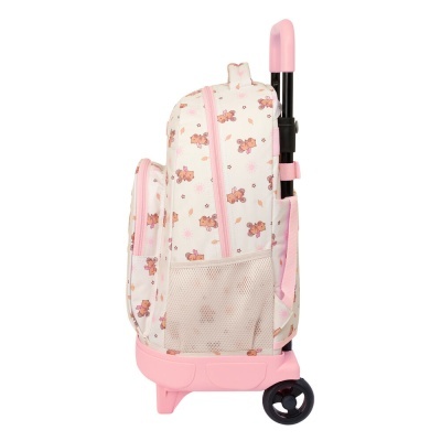 Mala de rodinhas infantil com padrão de ursinhos e fechos cor-de-rosa.