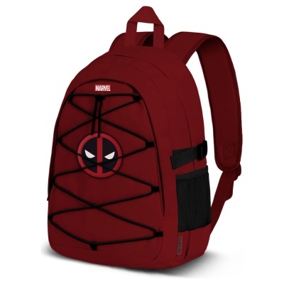 Mochila vermelha com símbolo Deadpool e logótipo Marvel