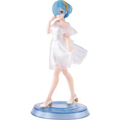 Figura colecionável de personagem feminina com vestido branco e cabelo azul