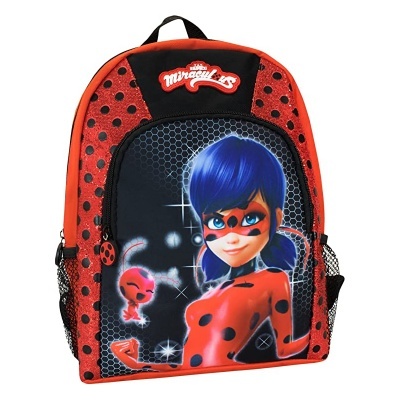 Mochila vermelha e preta com personagem Ladybug e padrão de bolinhas pretas