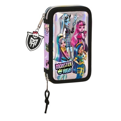 Estojo escolar Monster High holográfico com personagens femininas e logótipo MH