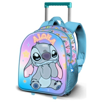 Mochila azul infantil com estampa do Stitch e texto ALOHA, com rodas e alça retrátil.