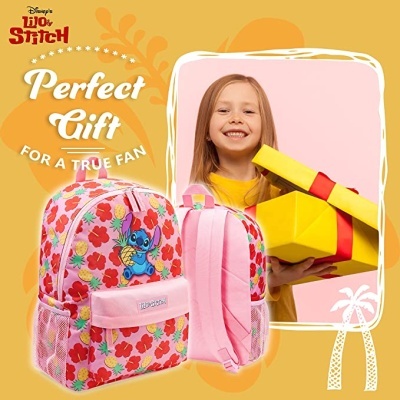 Mochila infantil rosa com padrão floral e personagem Lilo & Stitch