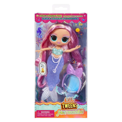 Boneca LOL Tweens Mermaids com cauda lilás que muda de cor em embalagem transparente