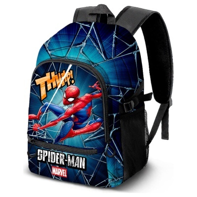 Mochila infantil Spider-Man azul e vermelho com texto THWIP! e logotipo Marvel