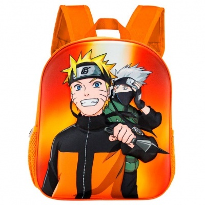 Mochila infantil laranja com personagens Naruto e Kakashi na frente