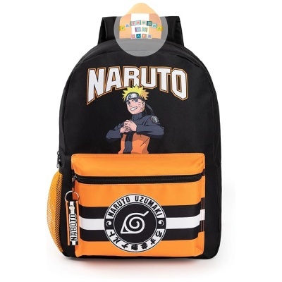 Mochila preta e laranja do anime Naruto com bolso frontal e emblema redondo