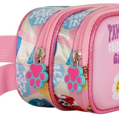 mochila rosa com puxadores em forma de patas cor-de-rosa