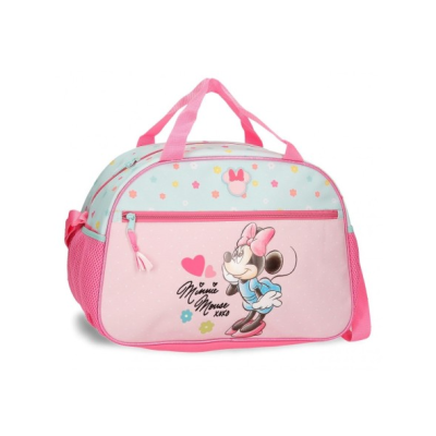 Bolsa rosa e azul claro com estampa da Minnie Mouse