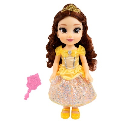 Boneca com vestido amarelo e saia com glitter, coroa dourada e espelho rosa