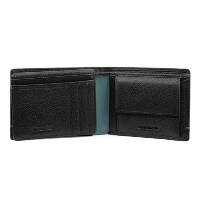 Carteira masculina em pele preta com compartimento para moedas e várias divisórias