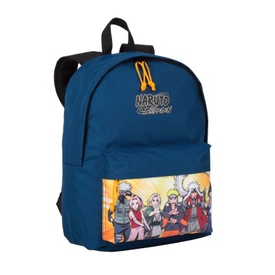 Mochila azul escura com estampa de personagens Naruto Shippuden no bolso frontal